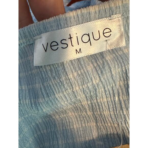 Vestique Blue White Checkered Pattern Long Sleeves Ruched Crop Top size M - Picture 3 of 16